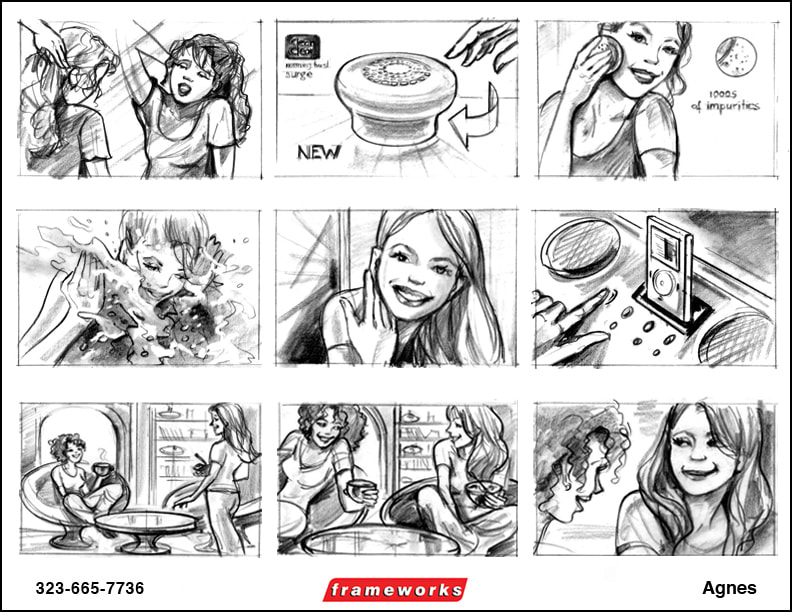 A collection of line drawings in a sequence representing a film shoot and edit.