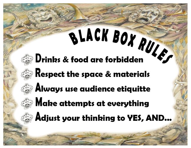 Black Box Rules: drinks and food are forbidden, respect the space and materials, always use audience etiquette, make attempts at everything, adjust your thinking to 